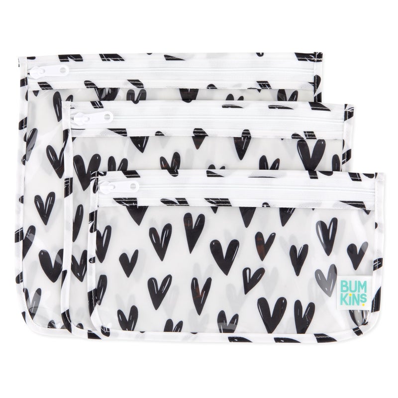 Bumkins Travel Bag Toiletry TSA Approved Pouch Zip Bag Quart Size Airline Compliant ClearSided Baby Diaper Bag Organization Makeup Accessories Packing Set of 3 Sizes Black Hearts