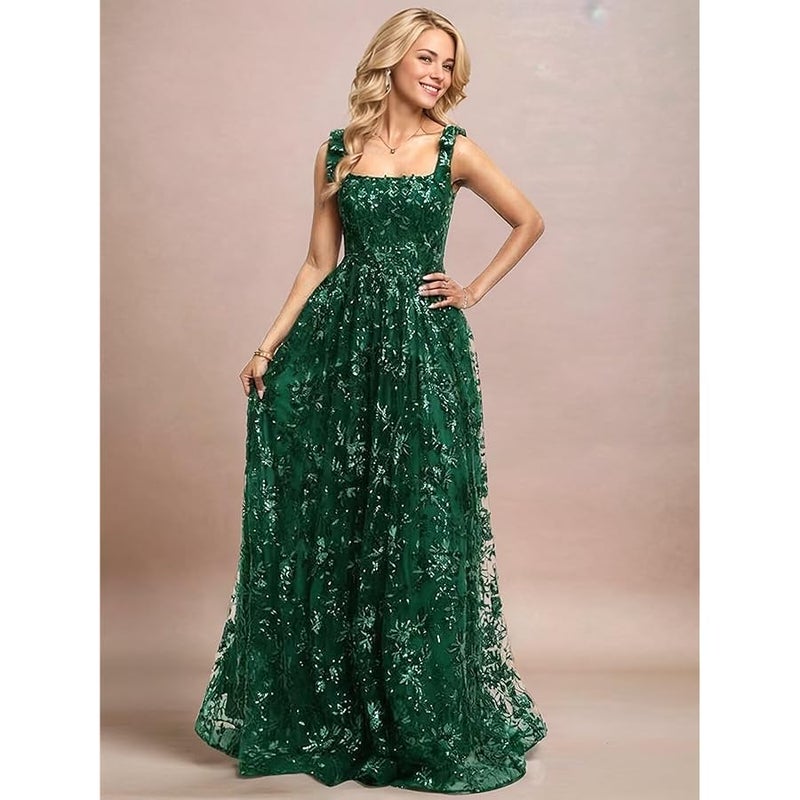 Monlity Sequin Prom Dresses for Teens Maxi Tulle Square Neck Bowknot Sleeves A Line Formal Evening Gowns - Image 3