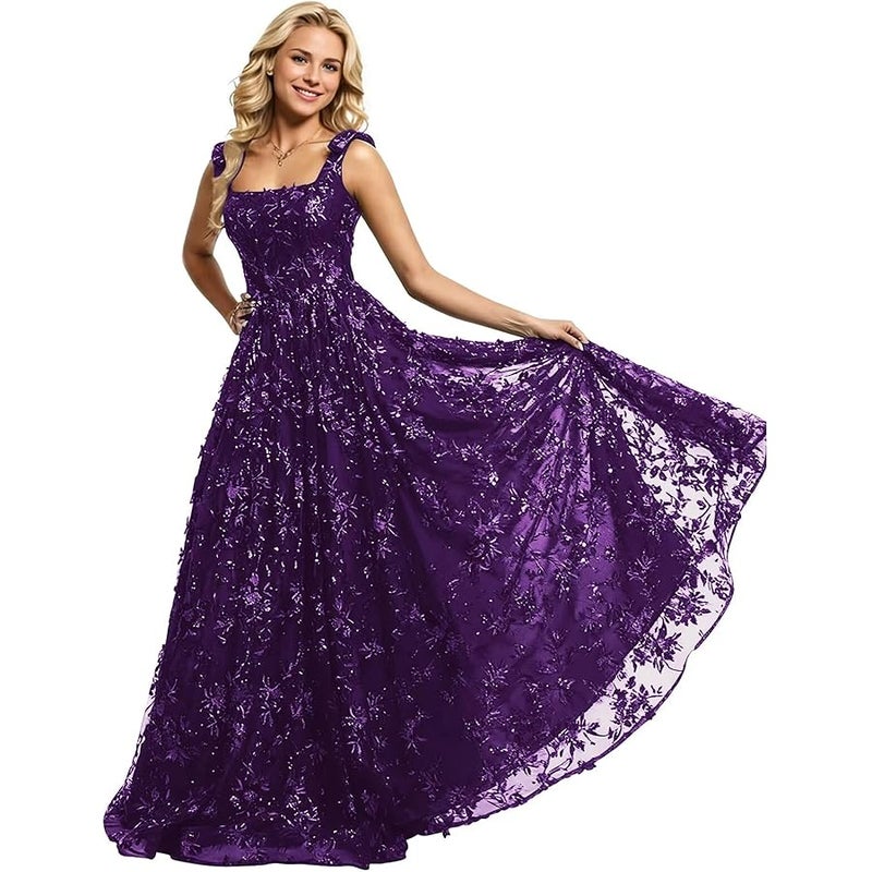 Monlity Sequin Prom Dresses for Teens Maxi Tulle Square Neck Bowknot Sleeves A Line Formal Evening Gowns - Image 1