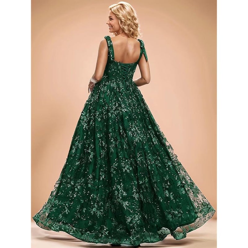 Monlity Sequin Prom Dresses for Teens Maxi Tulle Square Neck Bowknot Sleeves A Line Formal Evening Gowns - Image 2