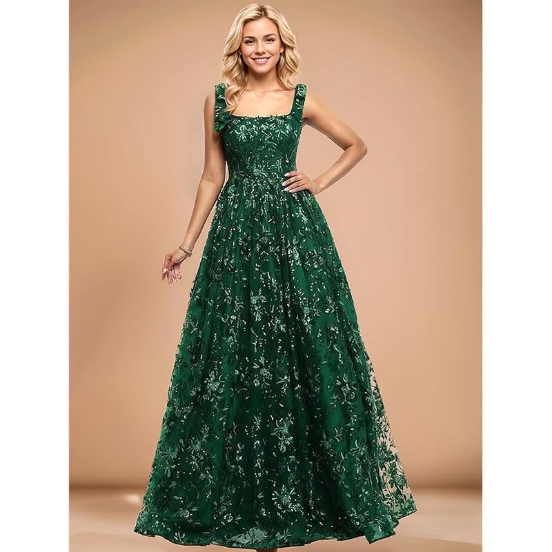 Monlity Sequin Prom Dresses for Teens Maxi Tulle Square Neck Bowknot Sleeves A Line Formal Evening Gowns - Image 4