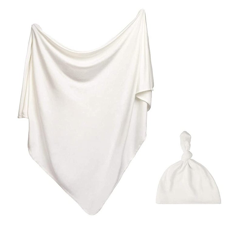 iEvolve Cotton Knitted Baby Swaddle Blanket with Hat Headband Set Newborn Swaddle Wrap Receiving Blankets for Baby Girl Boy 45" x 45"(White) - Image 1