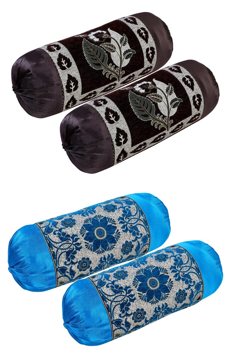 HSR Collection Premium Chennile Luxury Bolster Cover, Coffee & Blue - 4 Pieces - Image 1