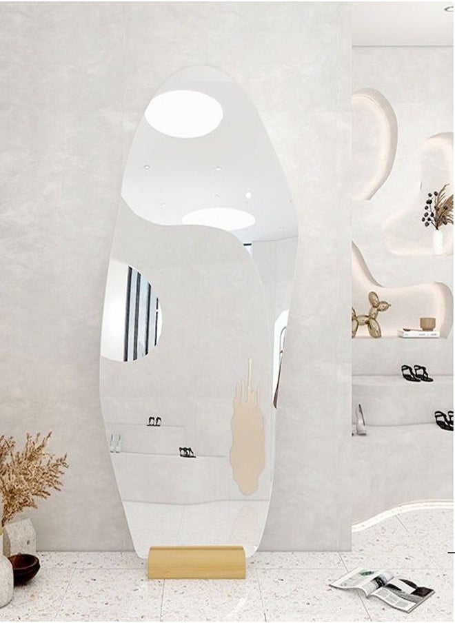 fashionhome Modern Scandinavian Design Full Length Mirror Standing Hanging or Leaning Against Wall Large Bedroom Floor Mirror Dressing Mirror Wall-Mounted Mirror Wood Frame Wavy Mirror Round Corner 50x160 cm  - Image 1