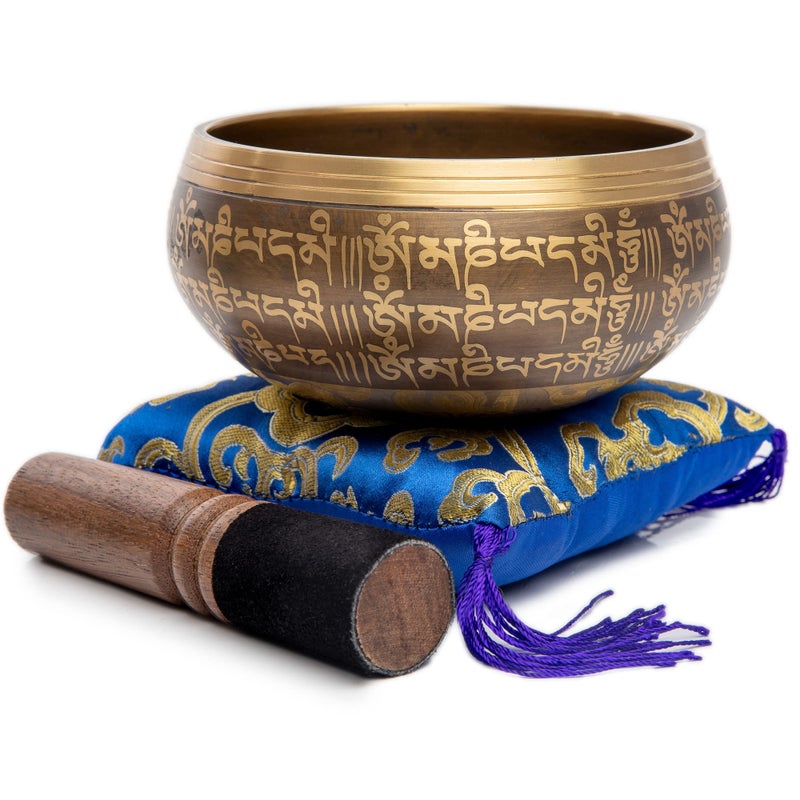HIMALAYAN BAZAAR Tibetan Singing Bowl Set - Easy To Play Authentic Handcrafted For Meditation Sound Bowl Chakra Yoga Healing 4 Inches By Himalayan Bazaar (Brown & Blue) - Image 1