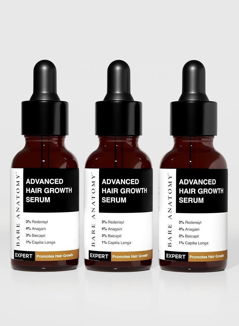 Bare Anatomy Advanced Hair Growth Serum | 3% Redensyl + 4% Anagain + 3% Baicapil + 1% Capilia Longa, Rosemary, Biotin & Rice Extract | Hair growth & Hair fall control serum for Women & Men | Pack of 3