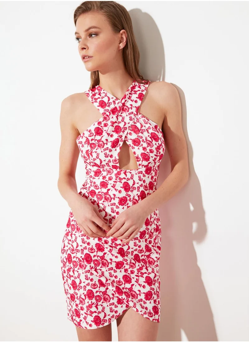 trendyol Cross Over Halter Neck Printed Dress