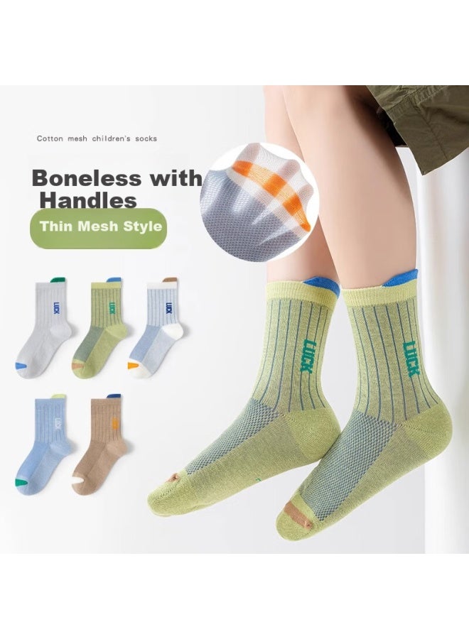 Yuzhaolin 5 Pairs Of Boys' Socks Summer Mesh Children's Sports Seamless Thin Middle And Large Children's Cotton Mid-tube Boys Baby Breathable - Image 1