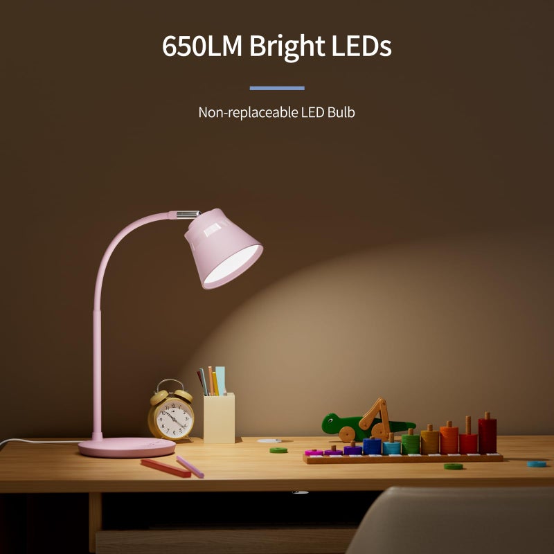 AXX TU08 Pink Cute Desk Lamp with USB Charging Port, 650 Lumens 3-Color Modes, 5-Touch Dimming, 30/60-Minute Timer, 18-Inch LED Small Table Light for Kids Teen Girls, College Dorm Room Essentials - Image 2