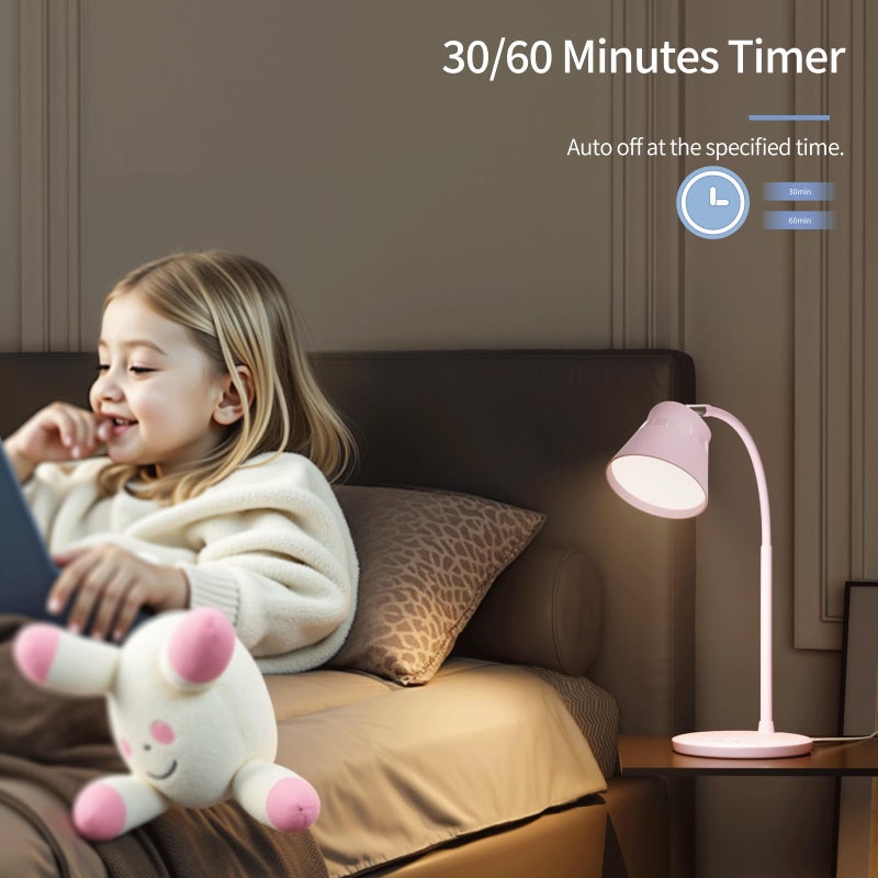 AXX TU08 Pink Cute Desk Lamp with USB Charging Port, 650 Lumens 3-Color Modes, 5-Touch Dimming, 30/60-Minute Timer, 18-Inch LED Small Table Light for Kids Teen Girls, College Dorm Room Essentials - Image 5