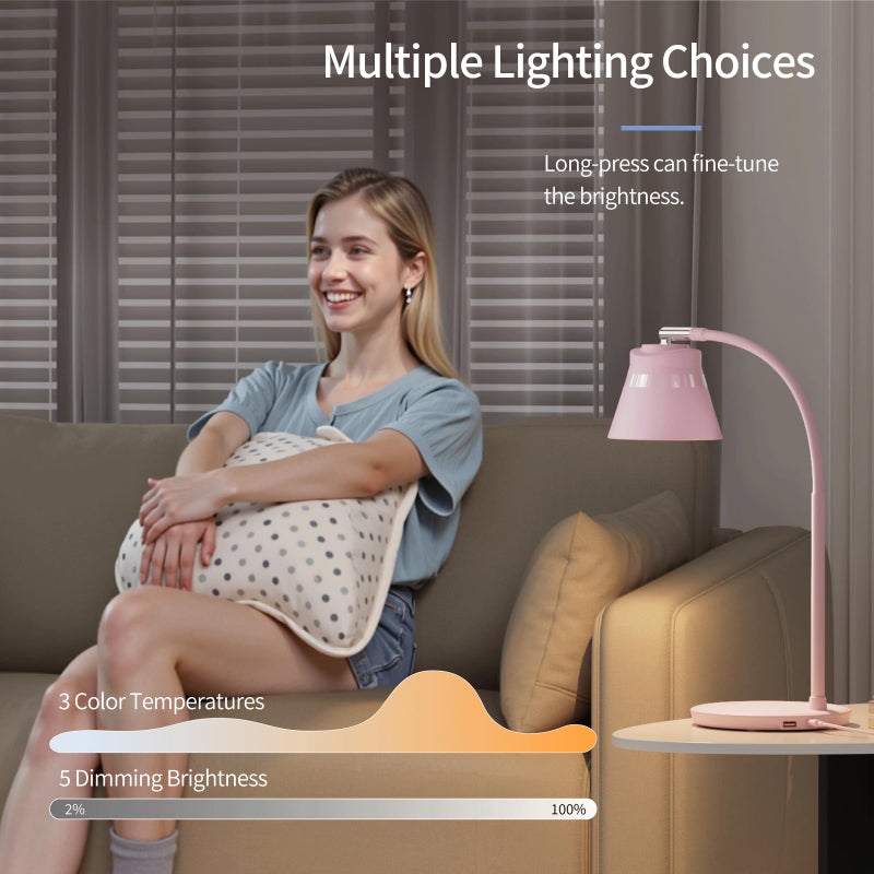 AXX TU08 Pink Cute Desk Lamp with USB Charging Port, 650 Lumens 3-Color Modes, 5-Touch Dimming, 30/60-Minute Timer, 18-Inch LED Small Table Light for Kids Teen Girls, College Dorm Room Essentials - Image 3
