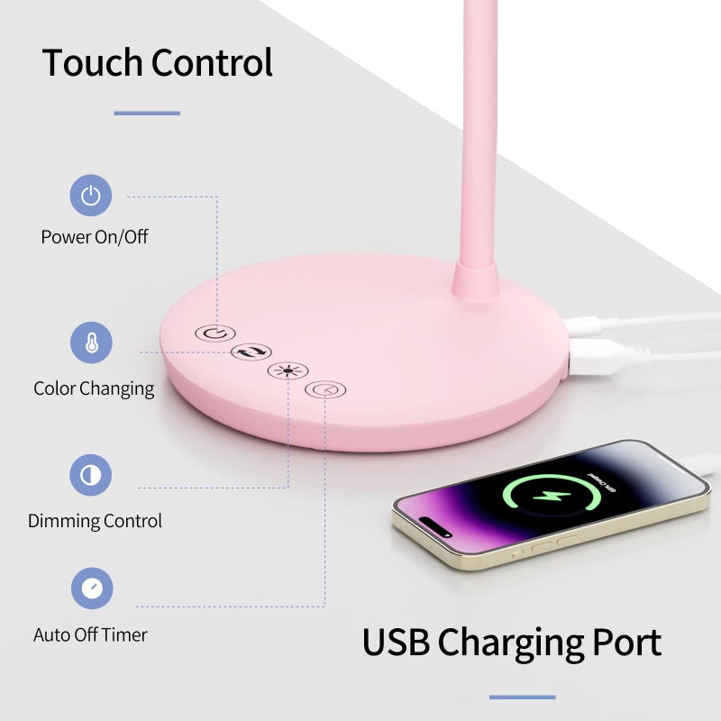 AXX TU08 Pink Cute Desk Lamp with USB Charging Port, 650 Lumens 3-Color Modes, 5-Touch Dimming, 30/60-Minute Timer, 18-Inch LED Small Table Light for Kids Teen Girls, College Dorm Room Essentials - Image 4