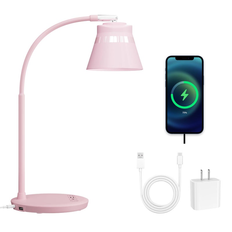 AXX TU08 Pink Cute Desk Lamp with USB Charging Port, 650 Lumens 3-Color Modes, 5-Touch Dimming, 30/60-Minute Timer, 18-Inch LED Small Table Light for Kids Teen Girls, College Dorm Room Essentials - Image 1