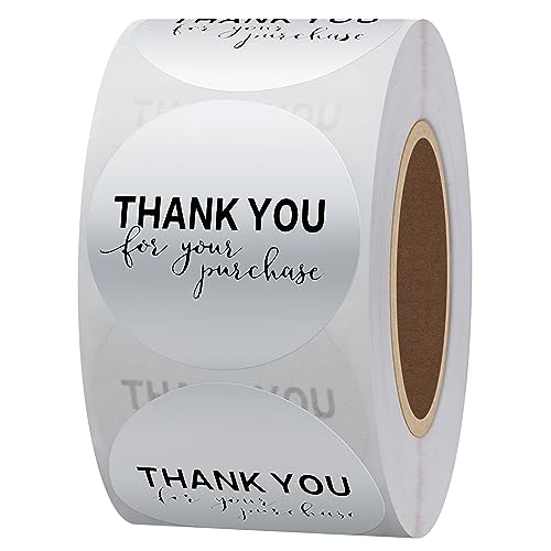 Hybsk Silver Foil Thank You for Your Purchase Stickers 1.5" Round 500 Labels per Roll (Silver) - Image 1