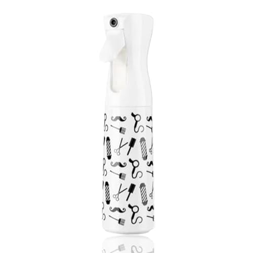 RIANZ Spray Bottle for Hair 300ml - Continuous Empty Ultra Fine Plastic Water Mist Sprayer – For Hairstyling, Cleaning, Salons, Plants, Essential Oil Scents & More (White - Barber Tools Print) - Image 1