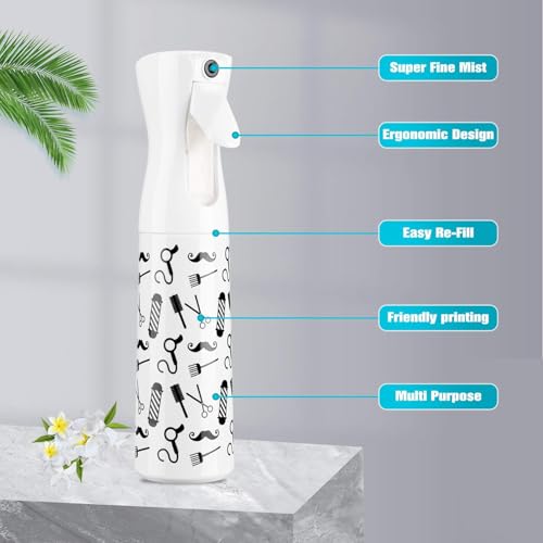 RIANZ Spray Bottle for Hair 300ml - Continuous Empty Ultra Fine Plastic Water Mist Sprayer – For Hairstyling, Cleaning, Salons, Plants, Essential Oil Scents & More (White - Barber Tools Print) - Image 5