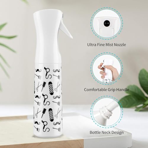 RIANZ Spray Bottle for Hair 300ml - Continuous Empty Ultra Fine Plastic Water Mist Sprayer – For Hairstyling, Cleaning, Salons, Plants, Essential Oil Scents & More (White - Barber Tools Print) - Image 4