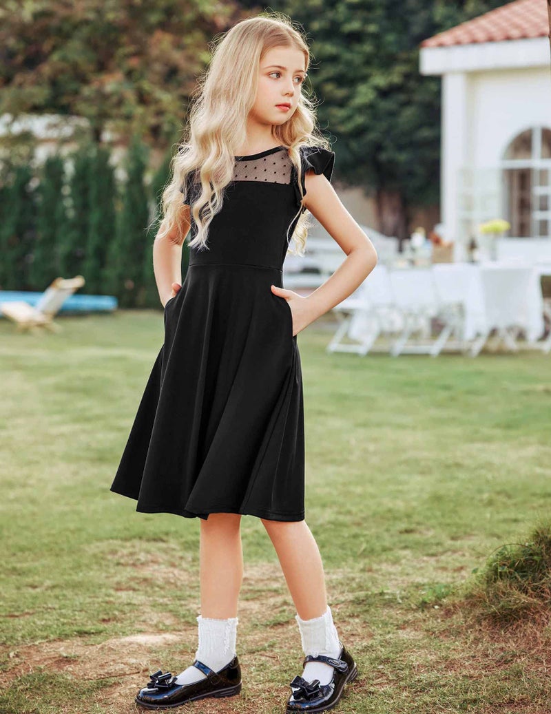 Arshiner Girls Dress Summer Ruffle Sleeve Mesh A Line Casual Party Dresses with Pockets 6-13 Years Black - Image 3