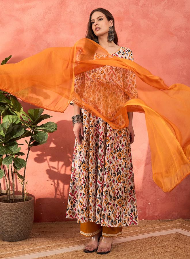 SASSAFRAS White Printed Cambric Anarkali Kurta with Pencil Pants and Dupatta Set - Image 2