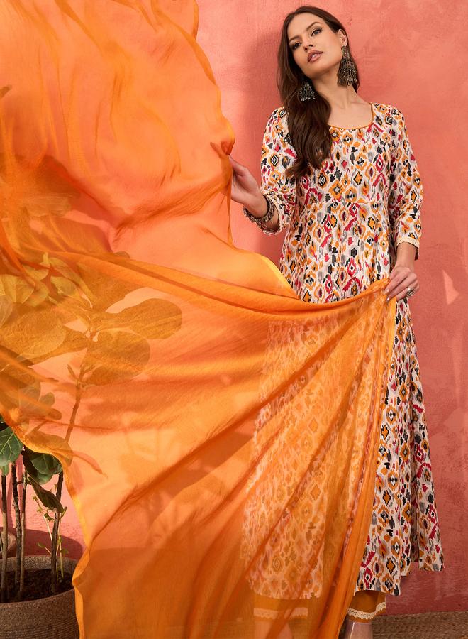 SASSAFRAS White Printed Cambric Anarkali Kurta with Pencil Pants and Dupatta Set - Image 1