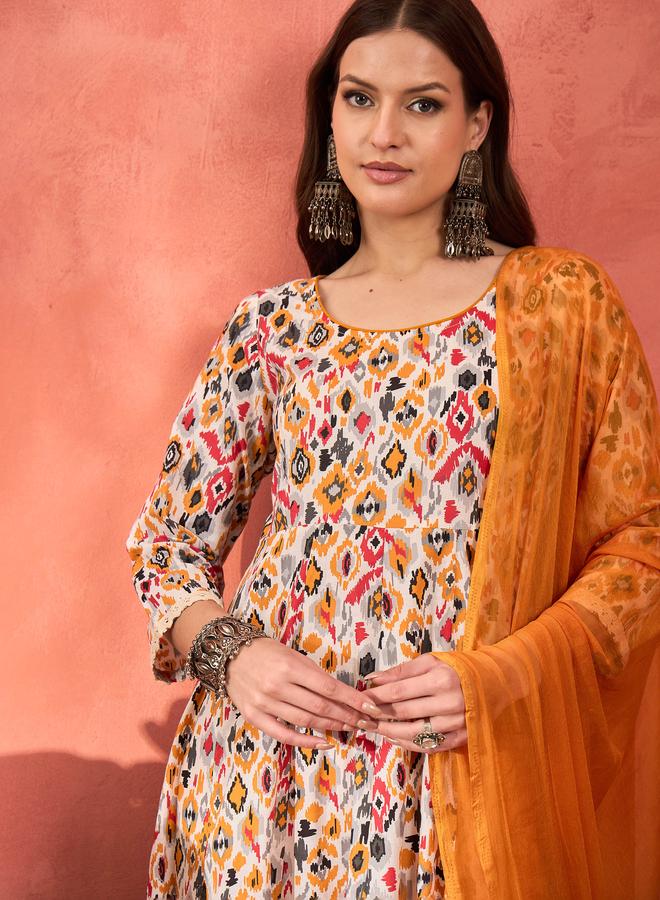 SASSAFRAS White Printed Cambric Anarkali Kurta with Pencil Pants and Dupatta Set - Image 4