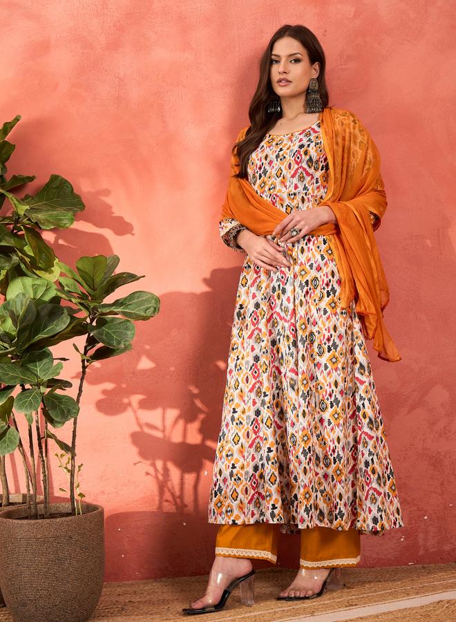 SASSAFRAS White Printed Cambric Anarkali Kurta with Pencil Pants and Dupatta Set - Image 3