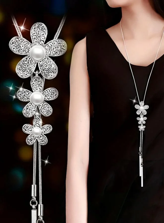 Take Two Rhinestone Faux Pearl Flower Pendant Necklace