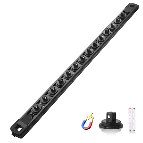 Reniteco Magnetic Socket Organizer 14 Drive Aluminum Alloy Socket Rail Heavy Duty Magnetic Socket Holder with 14PC 360 Swivel Removable Clips Magnetic Socket Rack for Tool Box Drawer Black - Image 1