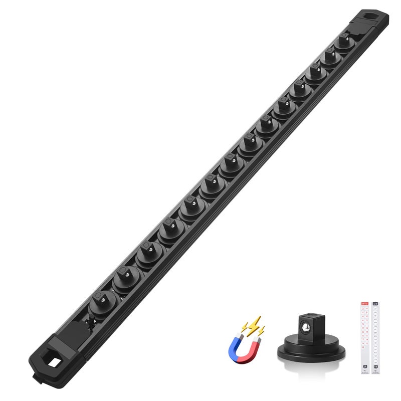 Reniteco Magnetic Socket Organizer 14 Drive Aluminum Alloy Socket Rail Heavy Duty Magnetic Socket Holder with 14PC 360 Swivel Removable Clips Magnetic Socket Rack for Tool Box Drawer Black - Image 3