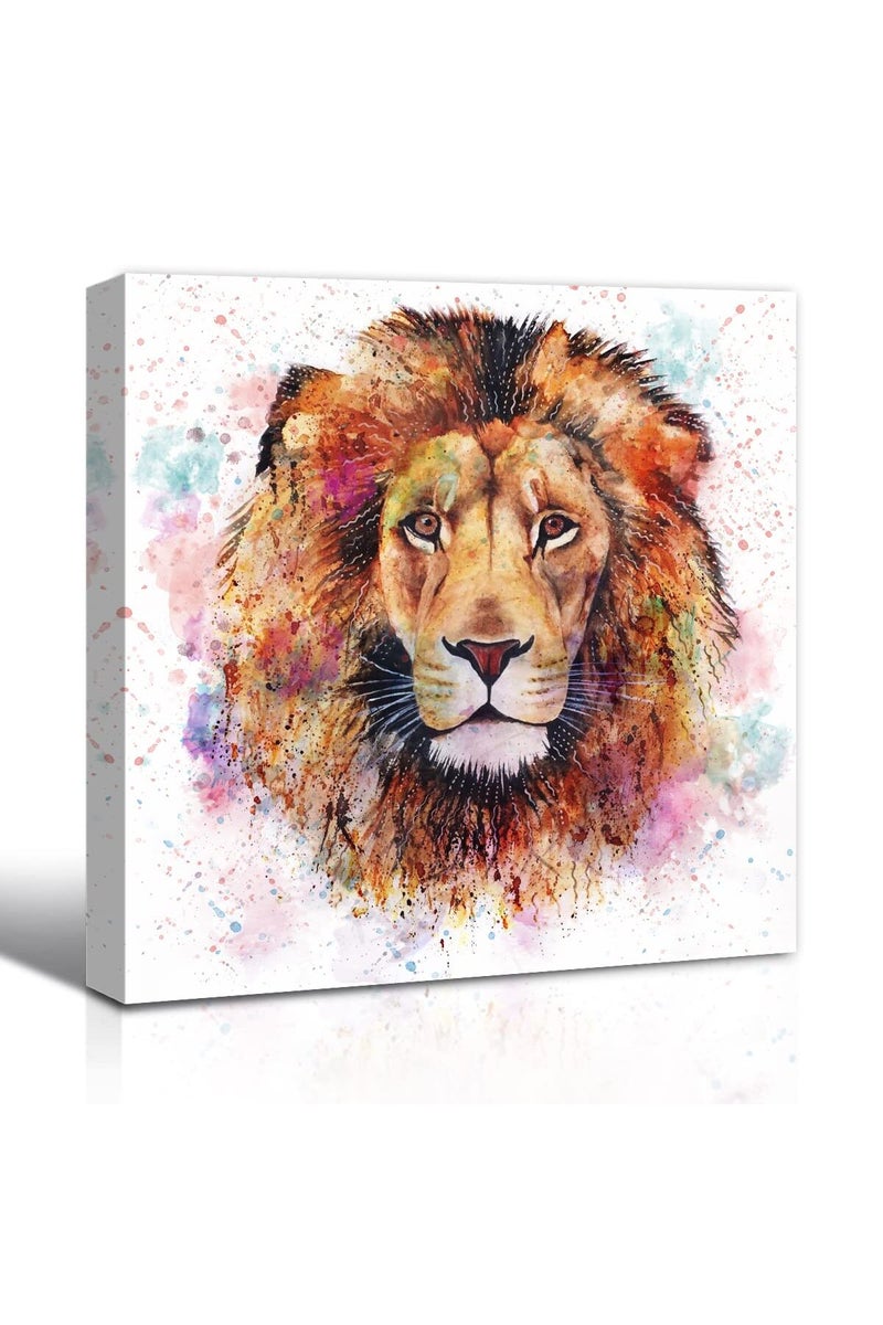 C8BUSIS Wildlife Animal Lion Canvas Wall Art Decor, Watercolor Lion Poster Paintings, Modern Framed Colorful Splash-Ink Art Decor for Living room Kids Room Bedroom Office Home Walls Artwork, 12"x12"x 1Pcs - Image 1