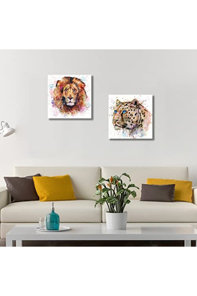 C8BUSIS Wildlife Animal Lion Canvas Wall Art Decor, Watercolor Lion Poster Paintings, Modern Framed Colorful Splash-Ink Art Decor for Living room Kids Room Bedroom Office Home Walls Artwork, 12"x12"x 1Pcs - Image 5