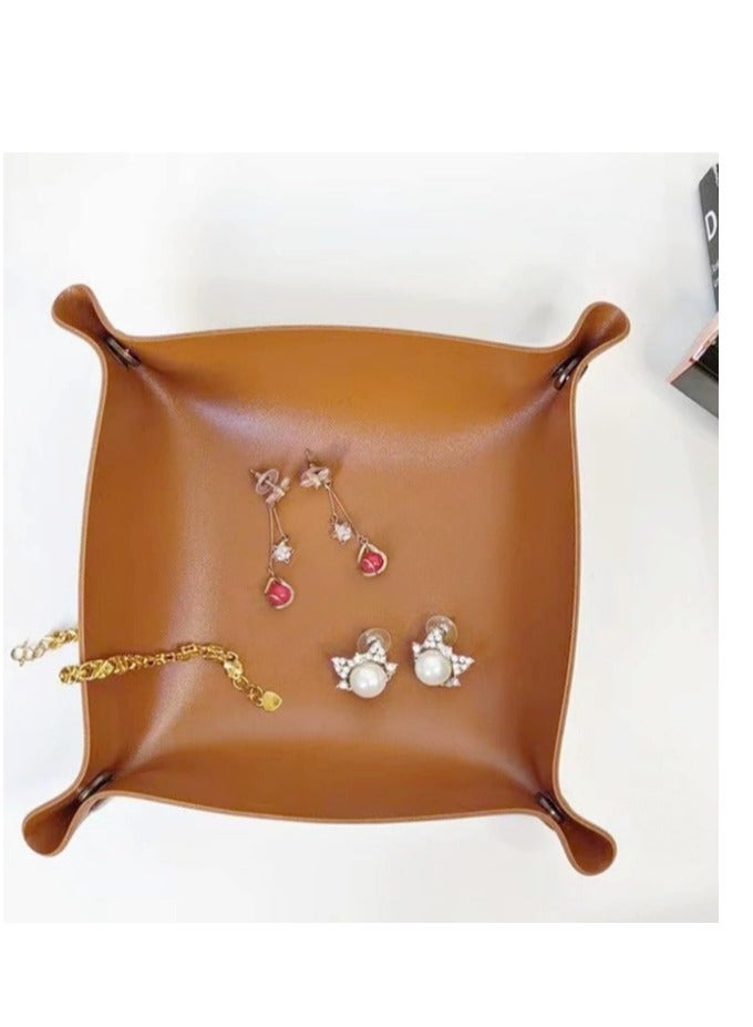 OASIS-TH Leather Valet Tray, Folding Jewelry Cosmetic Key Coin Phone Watch Wallet EDC Tray Organizer Storage Catchall Bowl for Travel Home Office Nightstand Brown 25x25CM  - Image 1