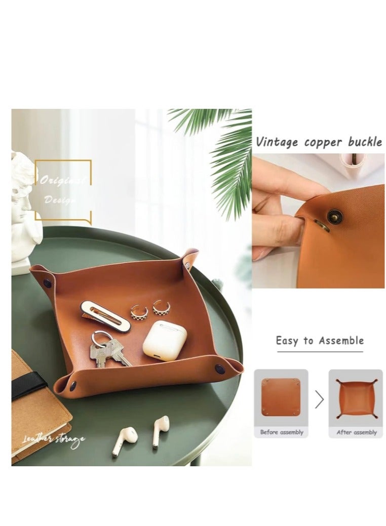 OASIS-TH Leather Valet Tray, Folding Jewelry Cosmetic Key Coin Phone Watch Wallet EDC Tray Organizer Storage Catchall Bowl for Travel Home Office Nightstand Brown 25x25CM  - Image 2