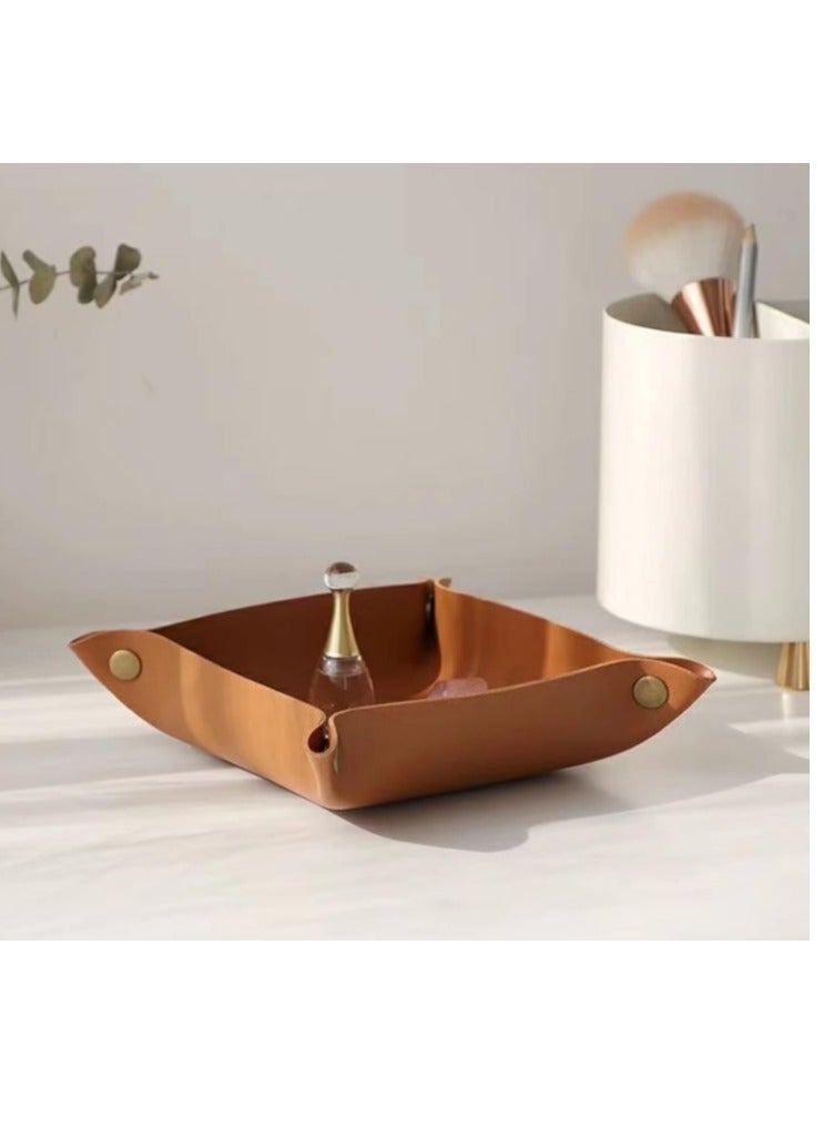 OASIS-TH Leather Valet Tray, Folding Jewelry Cosmetic Key Coin Phone Watch Wallet EDC Tray Organizer Storage Catchall Bowl for Travel Home Office Nightstand Brown 25x25CM  - Image 3