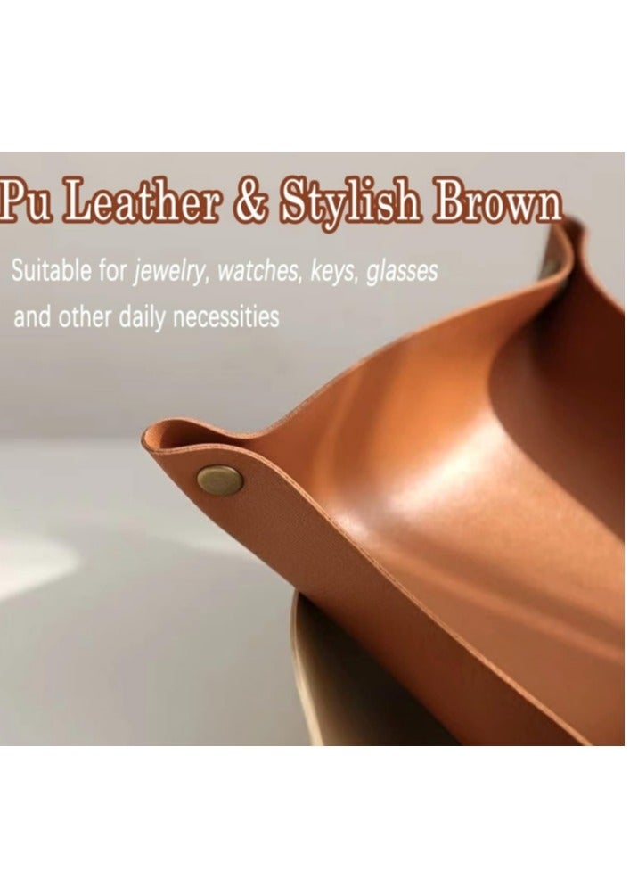 OASIS-TH Leather Valet Tray, Folding Jewelry Cosmetic Key Coin Phone Watch Wallet EDC Tray Organizer Storage Catchall Bowl for Travel Home Office Nightstand Brown 25x25CM  - Image 4