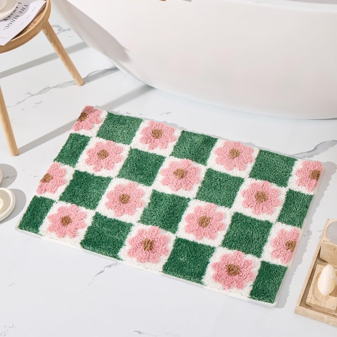 CUTE GREEN BATHROOM RUG CHECKERED PINK FLORAL BATH MAT SOFT MICROFIBER NON SLIP WASHABLE ABSORBENT RUGS FOR LAUNDRY SINK FLOOR DECOR 20X32 INCH