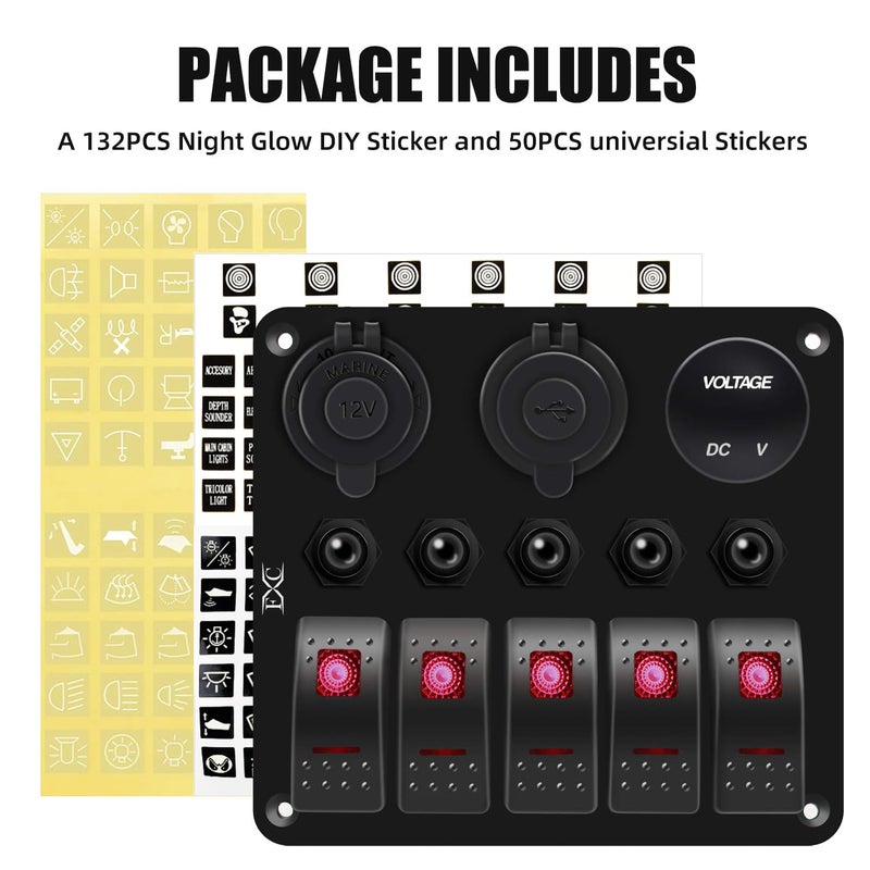 FXC Waterproof Marine Boat Rocker Switch Panel 5 Gang with QC3.0 USB & Type-C Slot Socket + Cigarette Lighter +LED Voltmeter with Overload Protection for Car Rv Vehicles Truck (5 Gang Red LED) - Image 4