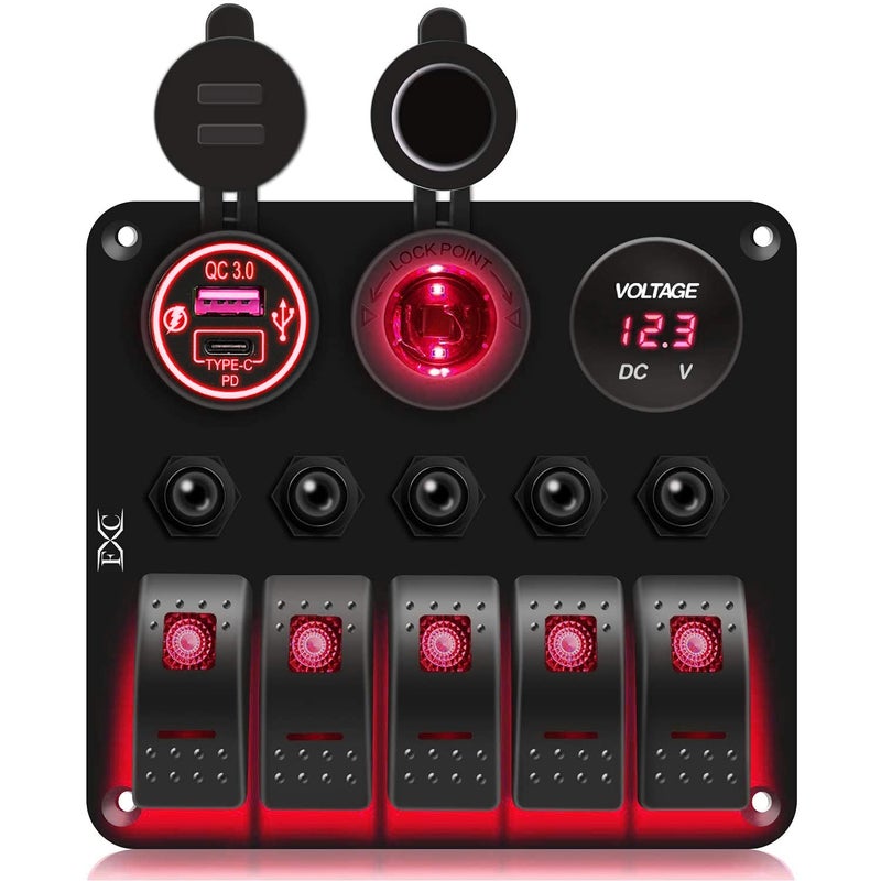 FXC Waterproof Marine Boat Rocker Switch Panel 5 Gang with QC3.0 USB & Type-C Slot Socket + Cigarette Lighter +LED Voltmeter with Overload Protection for Car Rv Vehicles Truck (5 Gang Red LED) - Image 1