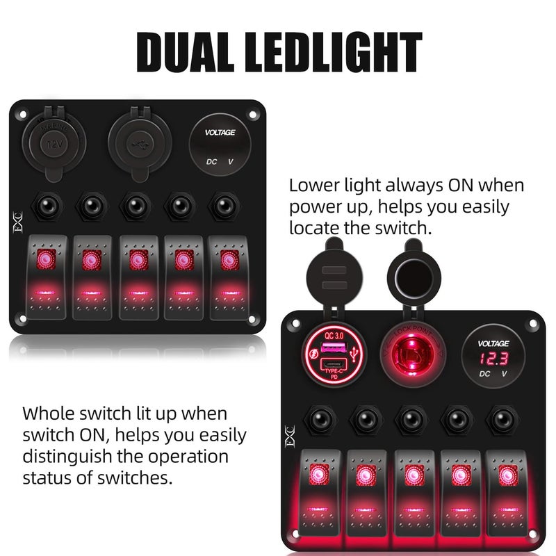 FXC Waterproof Marine Boat Rocker Switch Panel 5 Gang with QC3.0 USB & Type-C Slot Socket + Cigarette Lighter +LED Voltmeter with Overload Protection for Car Rv Vehicles Truck (5 Gang Red LED) - Image 3