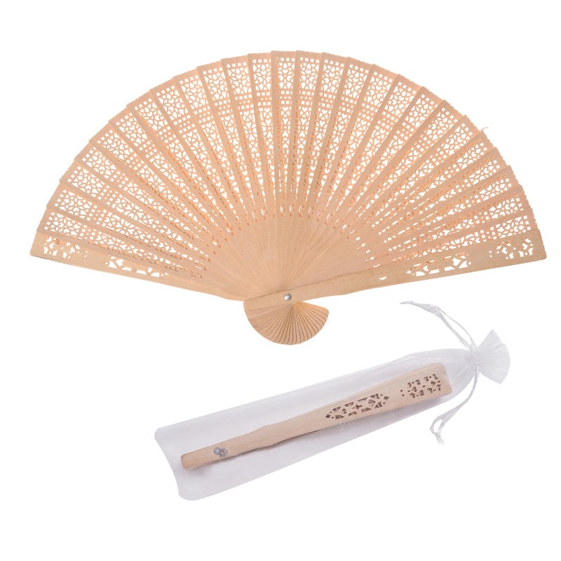 SL crafts مروحة يدوية خشبية قابلة للطي مع أكياس أورجانزا هدايا الزفاف (عبوة من 50) - Image 1