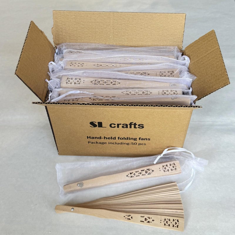 SL crafts مروحة يدوية خشبية قابلة للطي مع أكياس أورجانزا هدايا الزفاف (عبوة من 50) - Image 5