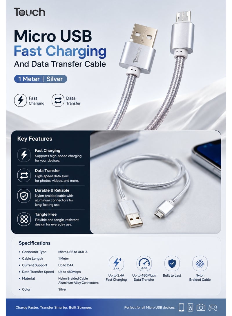 Touch Micro USB Fast Charging And Data Transfer Cable 1 Meter Silver - Image 2