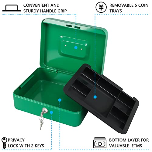 KYODOLED Large Lock Box with Money Tray,Storage Cash Box with Lock,Safe Metal Box for Money,9.84"x 7.87"x 3.54" Green Large - Image 3