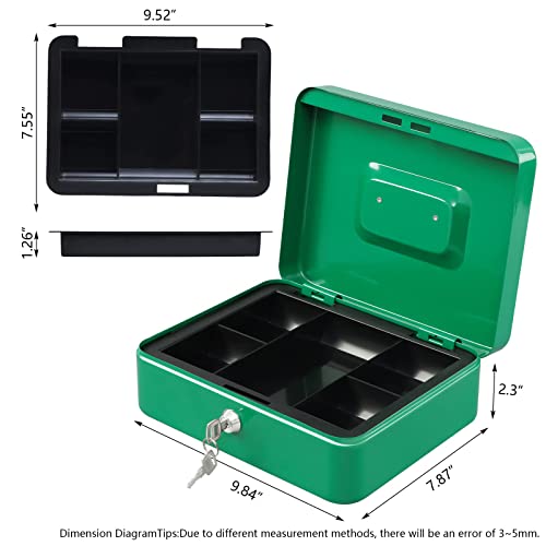 KYODOLED Large Lock Box with Money Tray,Storage Cash Box with Lock,Safe Metal Box for Money,9.84"x 7.87"x 3.54" Green Large - Image 5