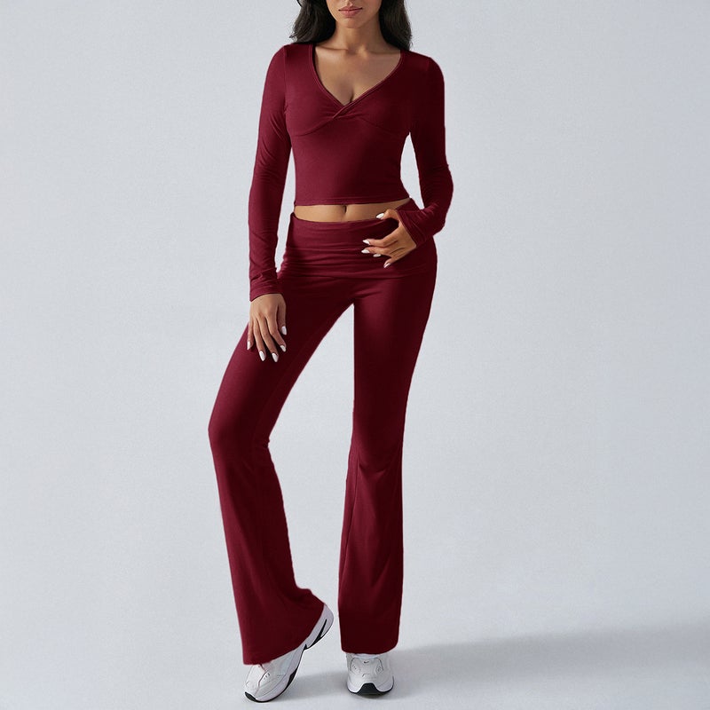 Kai Kuo Cross-border 2024 Fall/Winter Womens Wear European and American Y2K Leisure Sports Style Solid Color Top Micro-blazer Pants 2 Pieces suit Wine red