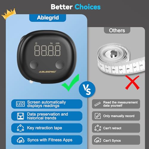 ABLEGRID Smart Body Tape Measure,Rechargeable Body Measuring Tape with Fitdays APP,Accurate Retractable Digital Body Measurement Device Tool for Muscle Gain,Weight Loss,Fitness,Locking,60in/150cm - Image 2