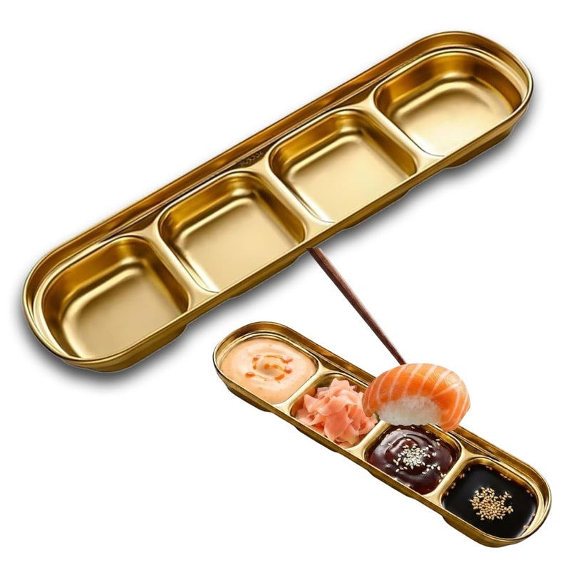 Stainless Steel Sauce Dish Appetizer Divided Plates 4 Compartment, Serving Plate Seasoning Dipping Dish For Salad, Vinegar And Ketchup, Golden Tray for Households, Food Shops And Restaurants - Image 1
