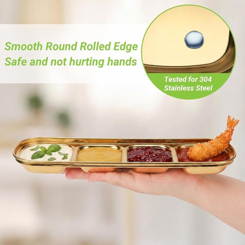 Stainless Steel Sauce Dish Appetizer Divided Plates 4 Compartment, Serving Plate Seasoning Dipping Dish For Salad, Vinegar And Ketchup, Golden Tray for Households, Food Shops And Restaurants - Image 5