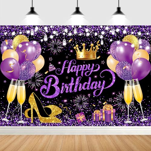 YinQin 180x120 cm Glitter Purple Golden Happy Birthday Party Backdrops Cloth 71x47 inch Photography Bday Backgrounds Black Purple Gold Happy Birthday Sign Banner Decorations for Girl Women - Image 1