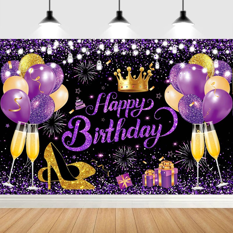 YinQin 180x120 cm Glitter Purple Golden Happy Birthday Party Backdrops Cloth 71x47 inch Photography Bday Backgrounds Black Purple Gold Happy Birthday Sign Banner Decorations for Girl Women - Image 2